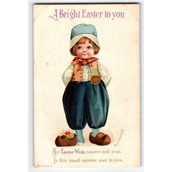 Easter Postcard Ellen Clapsaddle Dutch Boy Painted Eggs In Wooden Shoe Ser 411 - Picture 1 of 2